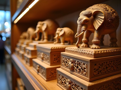 Intricate sandalwood carving display at Cauvery Handicrafts Emporium