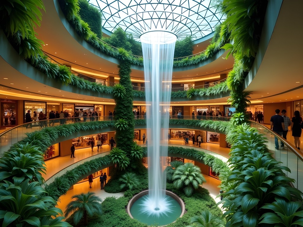 The spectacular spiral garden and waterfall feature in Bangkok's EmQuartier luxury mall