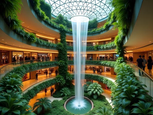 The spectacular spiral garden and waterfall feature in Bangkok's EmQuartier luxury mall