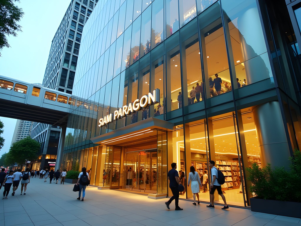 The gleaming exterior of Siam Paragon shopping mall in Bangkok with BTS Skytrain passing overhead