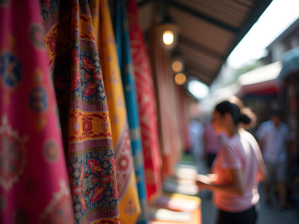 Colorful display of traditional Thai textiles at Chatuchak Weekend Market in Bangkok
