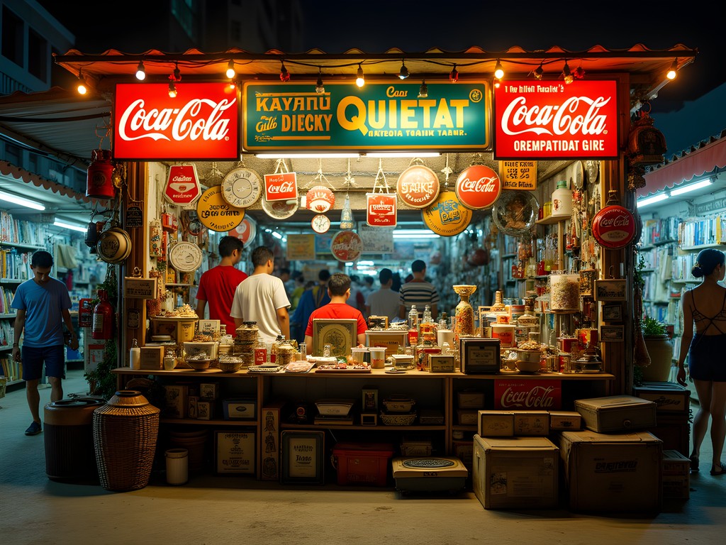 Eclectic vintage display at Talad Rot Fai Train Market in Bangkok showing mid-century collectibles