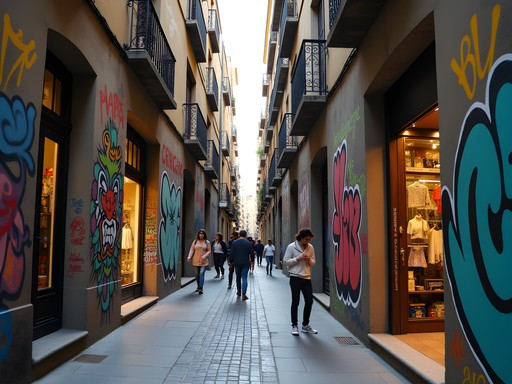Colorful street art mural outside boutique shops in El Raval district