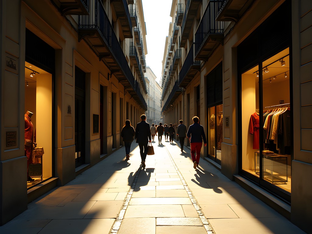 Atmospheric narrow shopping street in Barcelona's Gothic Quarter with boutiques
