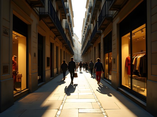 Atmospheric narrow shopping street in Barcelona's Gothic Quarter with boutiques