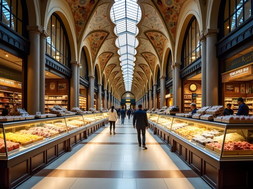 Colorful roof architecture of Santa Caterina Market with gourmet food displays inside