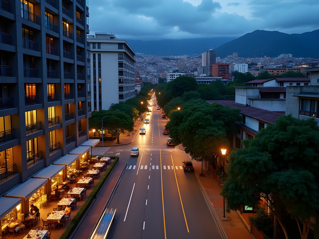 Evening view of the upscale Chacao district in Caracas with modern architecture and city lights