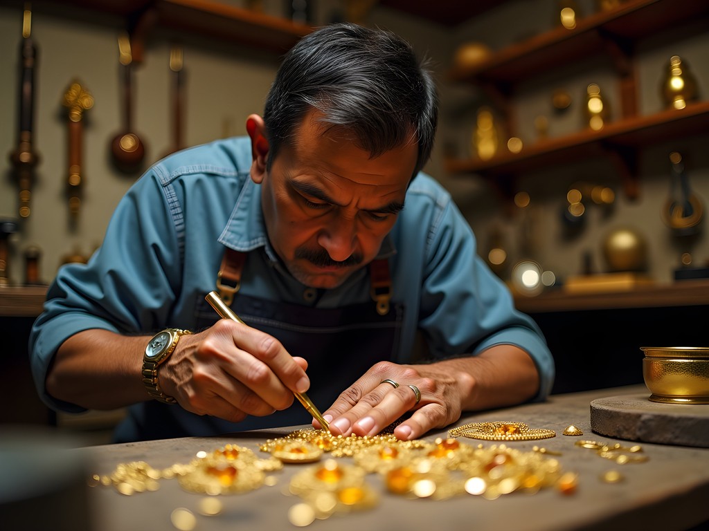 Venezuelan goldsmith creating handcrafted jewelry in traditional workshop in El Hatillo