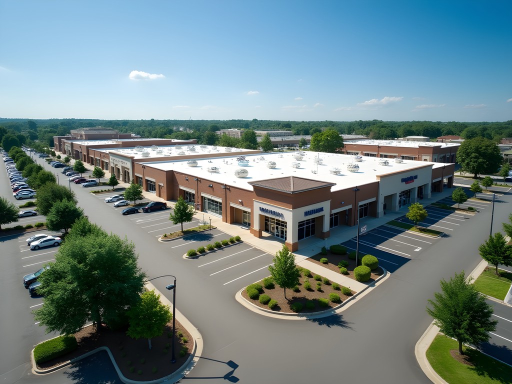 Aerial view of Bartlett Tennessee shopping district with parking lots and retail stores