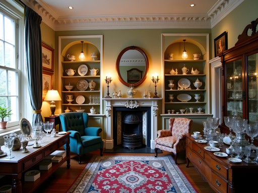 Interior of a traditional antique shop in Bath showing vintage furniture and collectibles