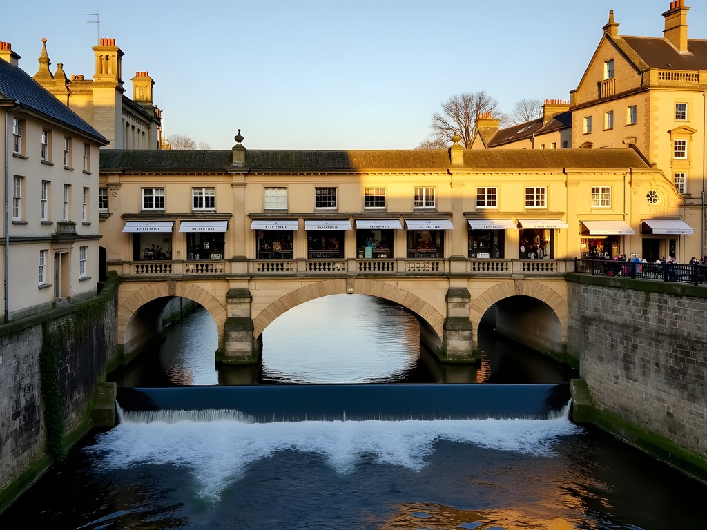 Historic Pulteney Bridge with shops along its span across the River Avon in Bath