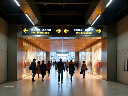 Beijing subway exit leading directly to a modern shopping complex with bilingual signage
