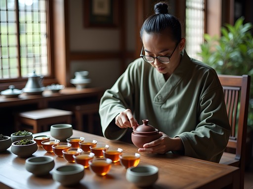 Traditional Chinese tea tasting ceremony at Maliandao Tea Market in Beijing