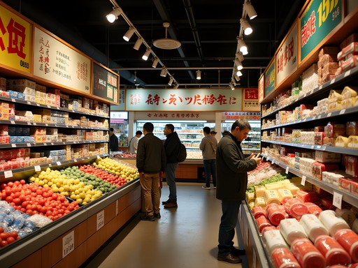 Interior of a vibrant ethnic market in Bellevue with colorful displays of international products