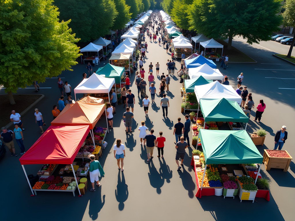 Aerial view of the bustling Bellevue Farmers Market with its organized vendor stalls and shopping crowds