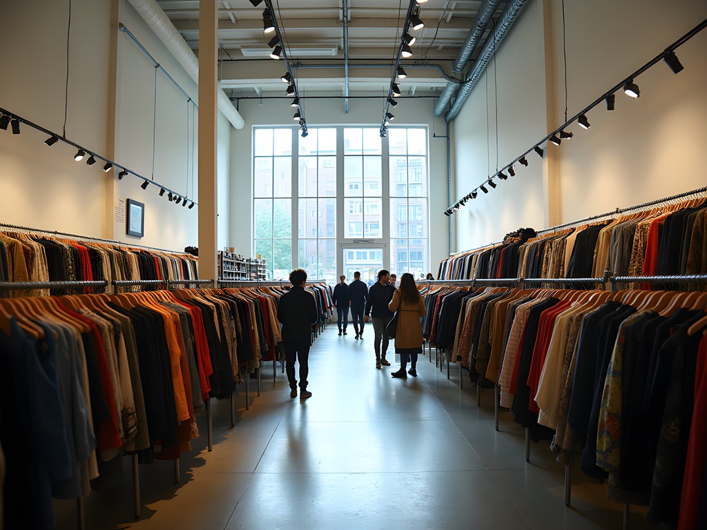 Interior of Humana second-hand store in Berlin showing organized vintage clothing racks