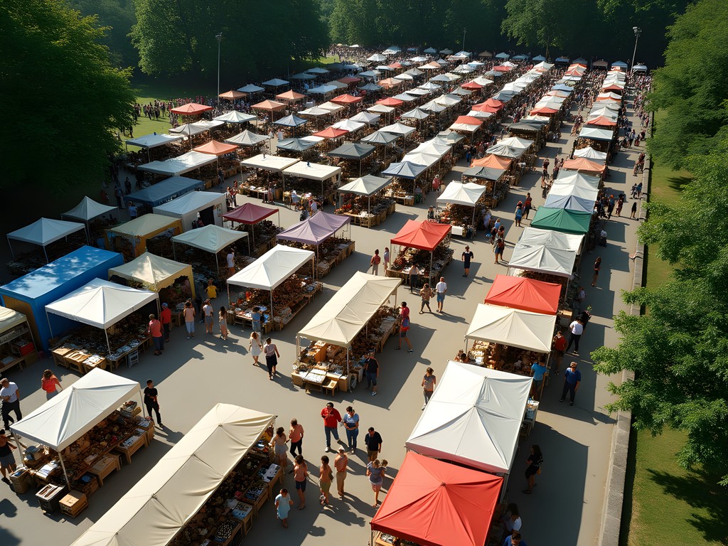 Aerial view of Mauerpark Sunday flea market in Berlin with vintage stalls and crowds