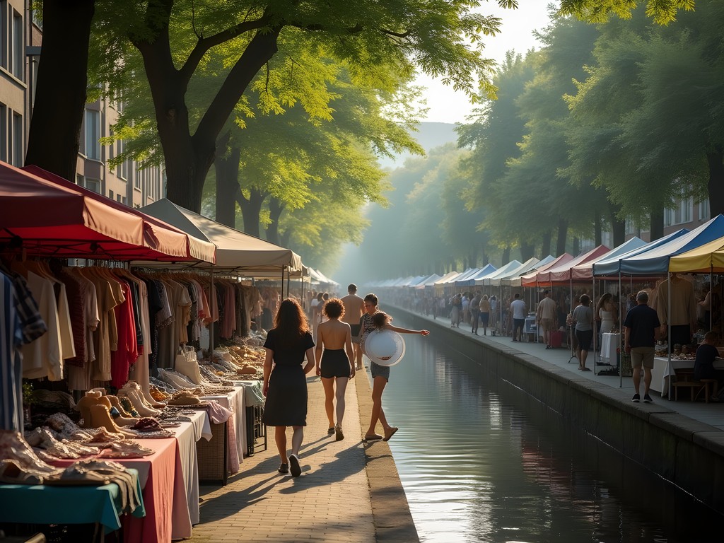Vintage market stalls along Landwehr Canal at Nowkoelln Flowmarkt in Berlin