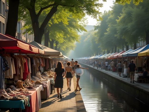 Vintage market stalls along Landwehr Canal at Nowkoelln Flowmarkt in Berlin