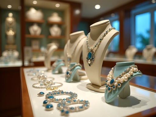 Elegant jewelry display featuring Caribbean-inspired designs in Bridgetown shop