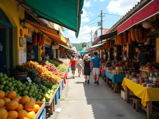 Colorful market stalls with local crafts and produce at Bridgetown Market, Barbados