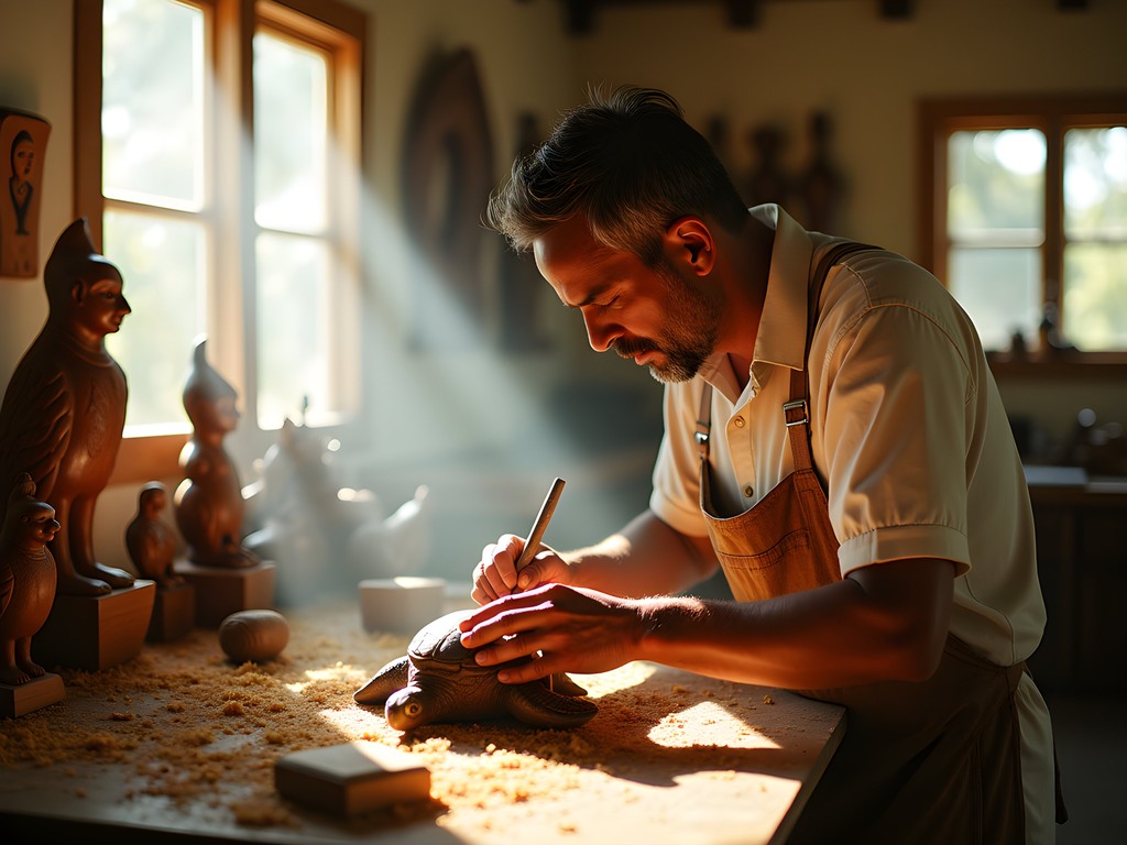 Local artisan carving mahogany in Pelican Craft Centre workshop in Bridgetown