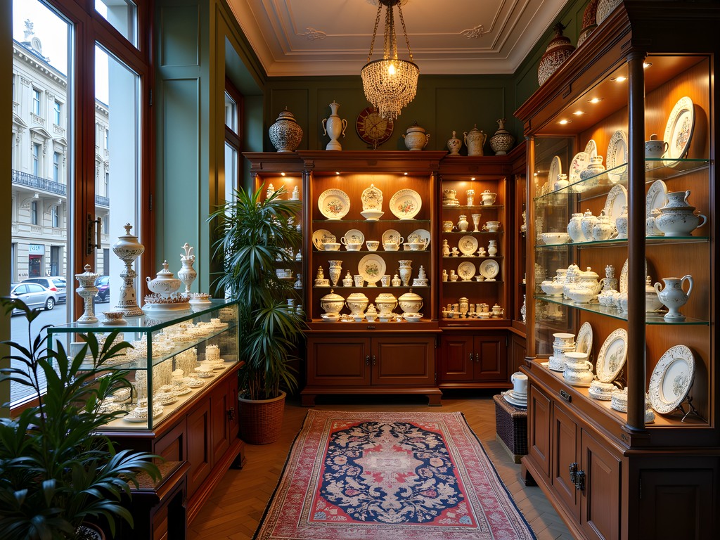 Interior of traditional Hungarian antique shop on Falk Miksa Street with porcelain and folk art displays