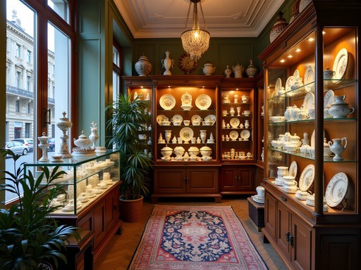 Interior of traditional Hungarian antique shop on Falk Miksa Street with porcelain and folk art displays