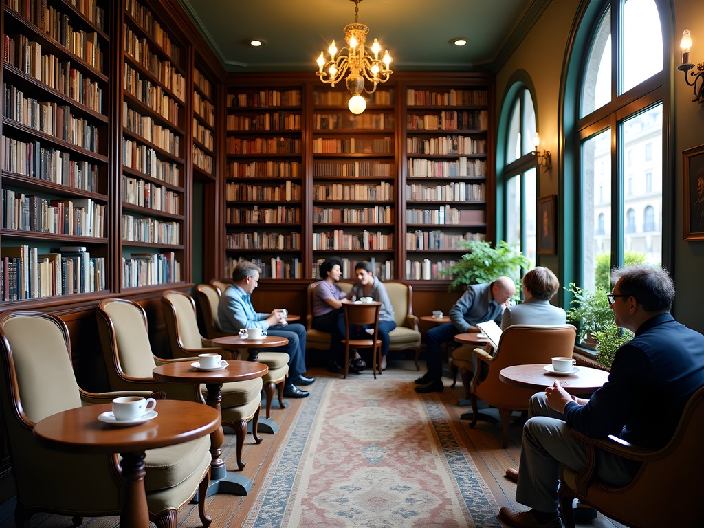 Cozy interior of a Budapest literary café with bookshelves and comfortable reading nooks