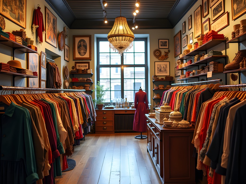Woman browsing colorful vintage clothing in Budapest Jewish Quarter shop