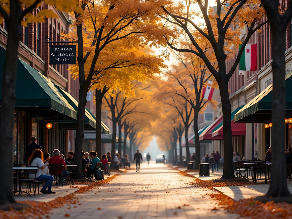 Tree-lined Hertel Avenue shopping district with boutiques and cafes in North Buffalo