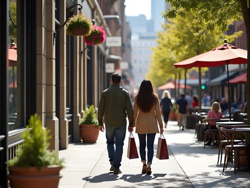 Couple shopping on Stephen Avenue pedestrian mall in downtown Calgary