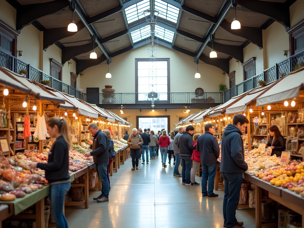Interior of NewBo City Market with vendors and shoppers browsing local crafts and produce