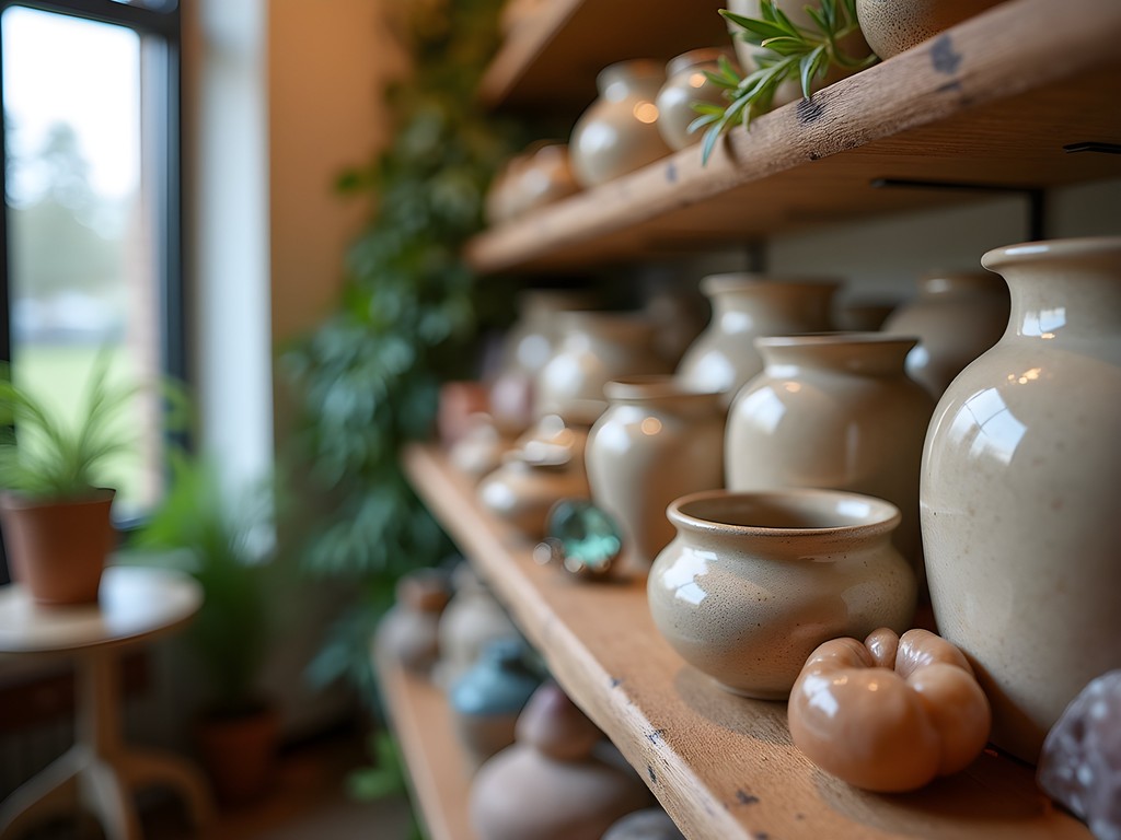 Display of handcrafted pottery and healing crystals at Cedar Rapids wellness shop