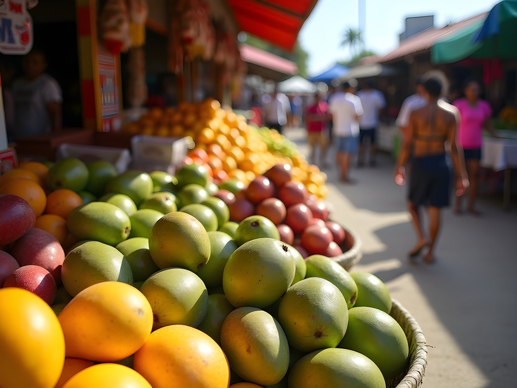 Colorful produce stalls at Chaguanas Central Market with exotic fruits and vegetables