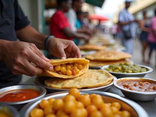 Trinidadian doubles street food being prepared at a vendor stand in Chaguanas