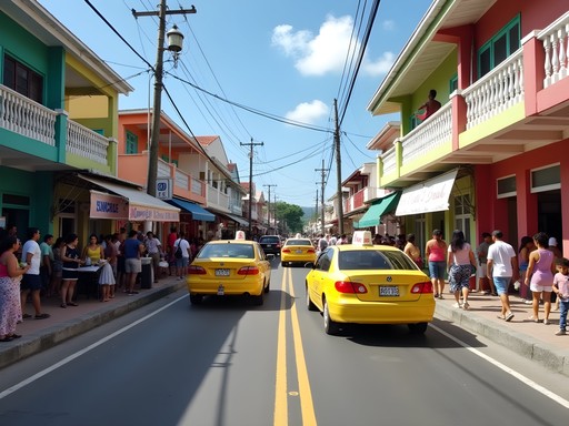 Busy street scene in Chaguanas with shops, pedestrians, and local transportation