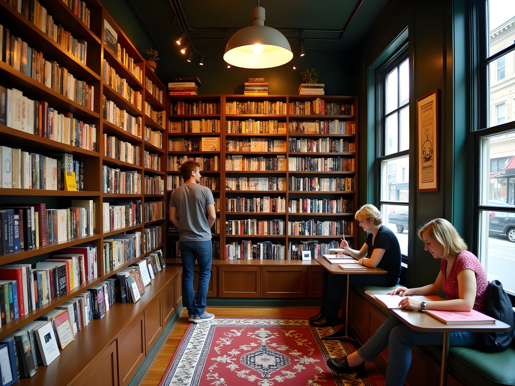 Cozy interior of an independent Chicago bookstore with couple browsing shelves