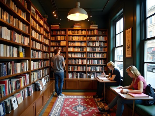 Cozy interior of an independent Chicago bookstore with couple browsing shelves