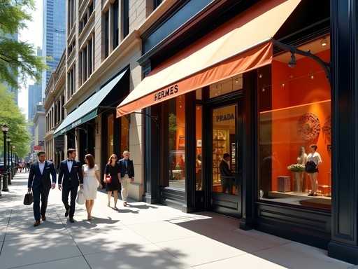 Elegant Oak Street luxury shopping district in Chicago with high-end boutiques and well-dressed shoppers