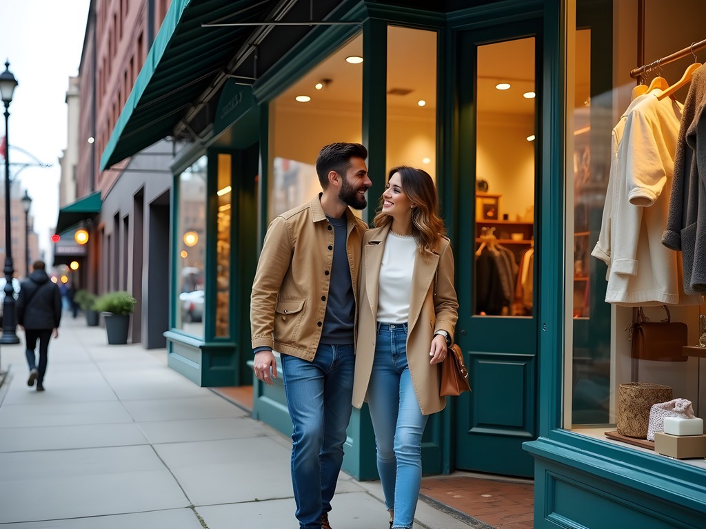 Stylish couple browsing independent boutiques on Milwaukee Avenue in Chicago's Wicker Park neighborhood