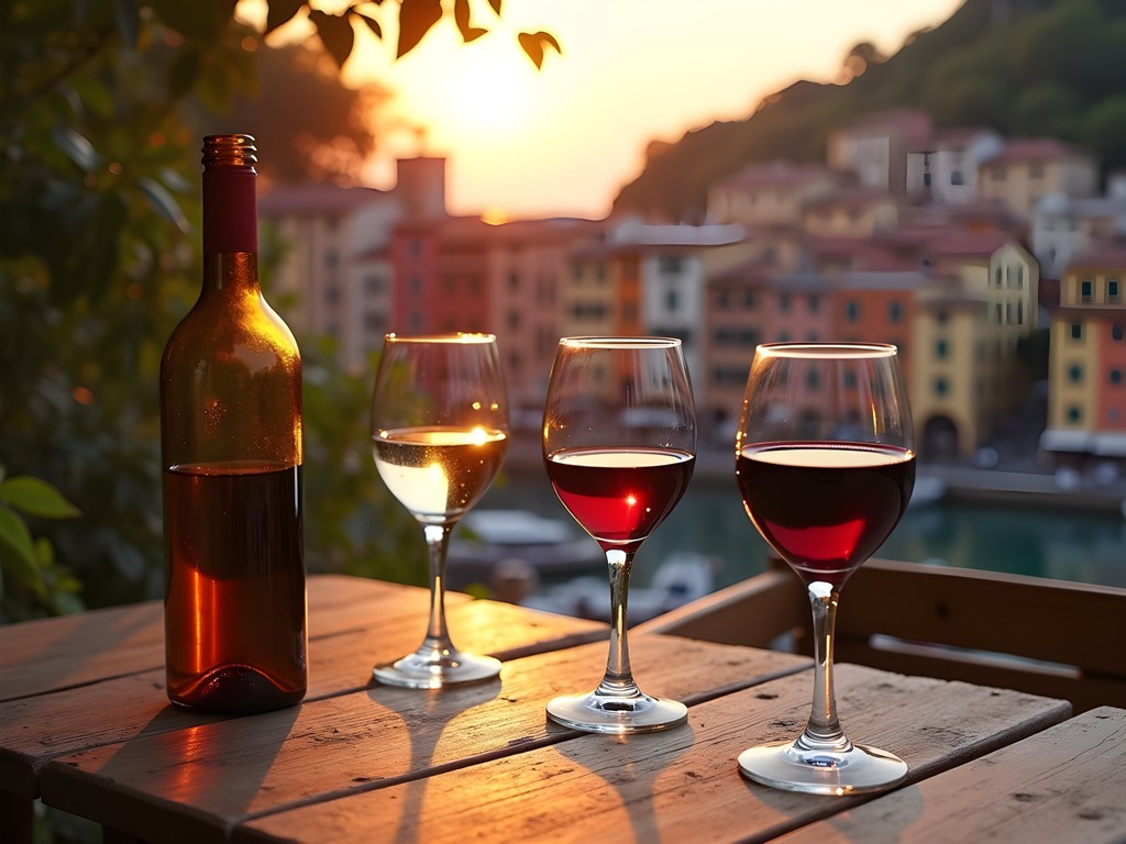 Wine tasting experience overlooking Manarola harbor at sunset