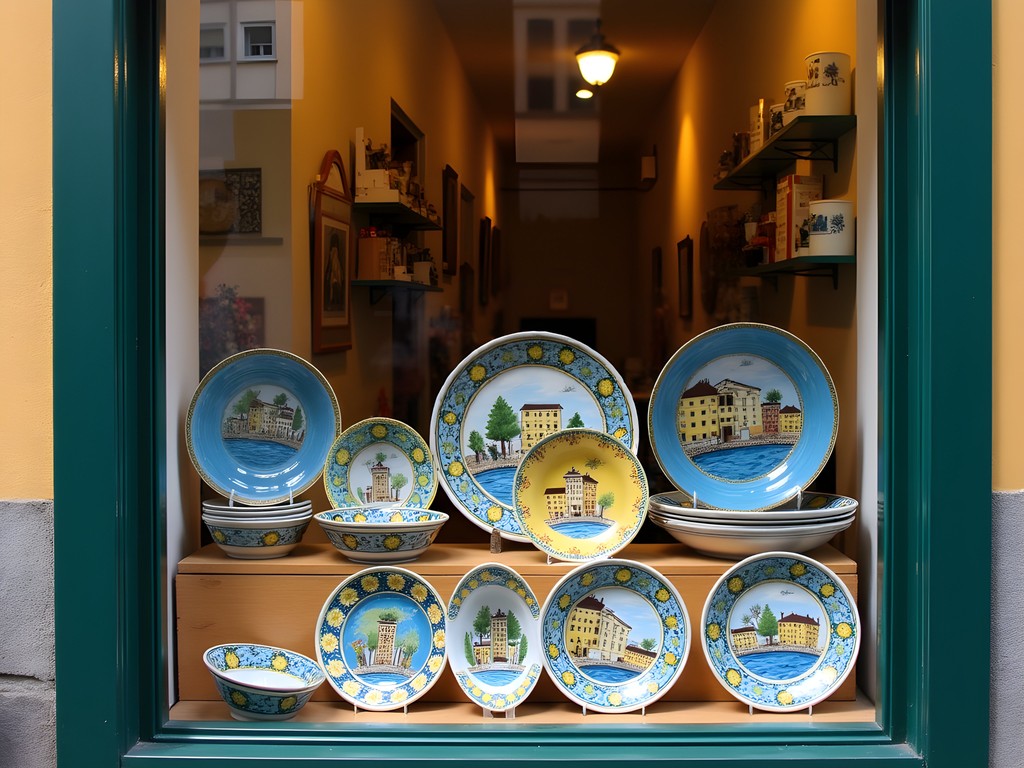 Colorful hand-painted ceramic plates and bowls in Vernazza shop window