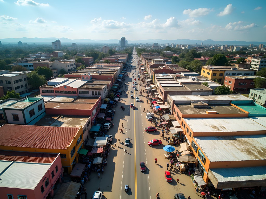 Aerial view of Ciudad del Este's bustling market district near the Friendship Bridge