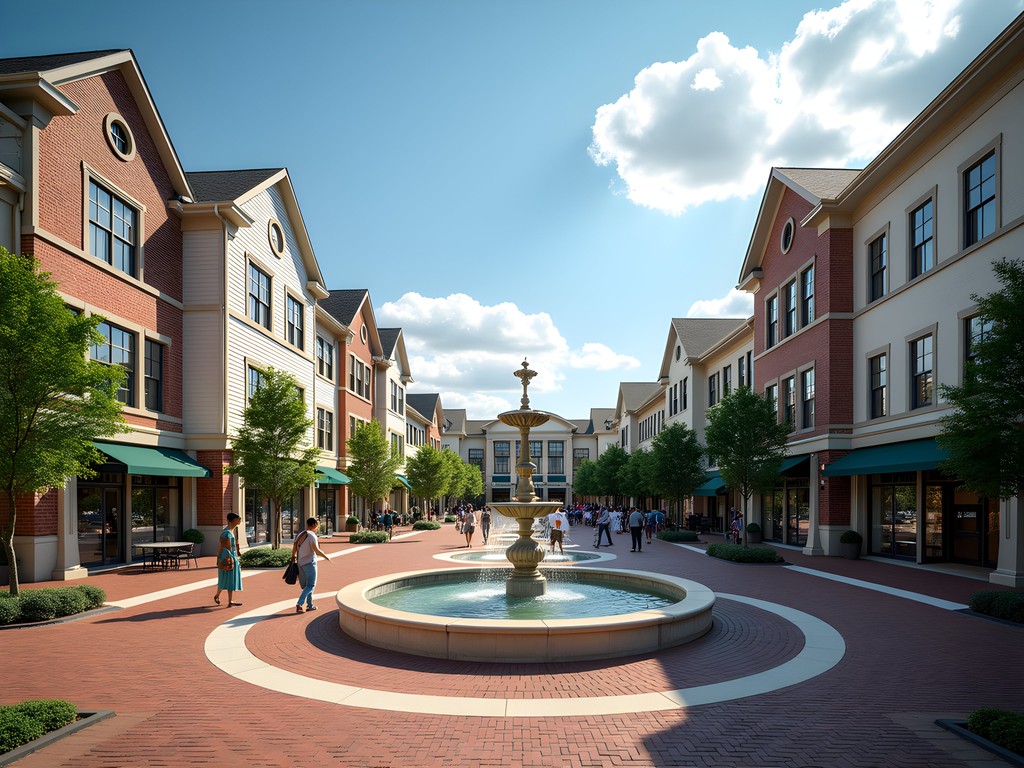 Outdoor shopping plaza at Easton Town Center with fountain and storefronts