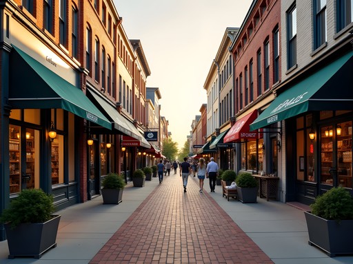 Charming storefronts along Grandview Avenue in Columbus with people shopping