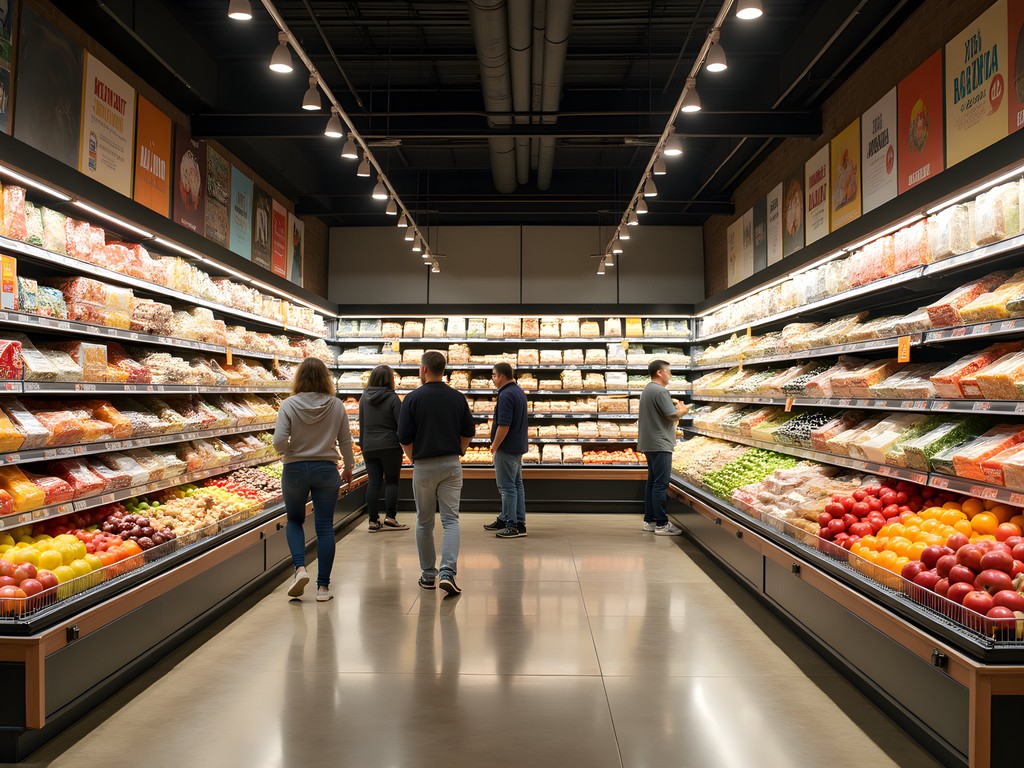 Interior of international market in Columbus showing diverse food products and shoppers