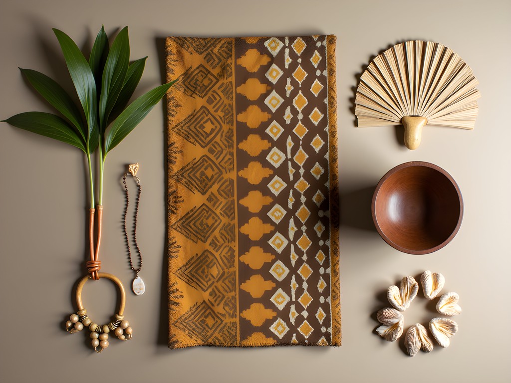 Collection of authentic Fijian crafts including tapa cloth, woven fan, and wooden kava bowl
