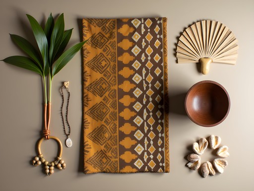 Collection of authentic Fijian crafts including tapa cloth, woven fan, and wooden kava bowl