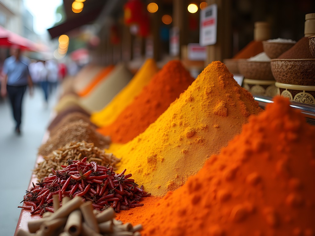 Colorful spice displays at Con Market in Da Nang, Vietnam